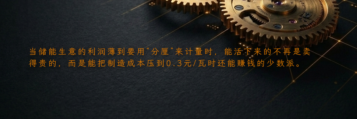 当储能生意的利润薄到要用“分厘”来计量时,能活下来的不再是卖得贵的,而是能把制造成本压到0.3元/瓦时还能赚钱的少数派。