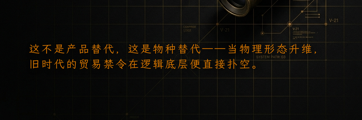 这不是产品替代,这是物种替代——当物理形态升维,旧时代的贸易禁令在逻辑底层便直接扑空。
