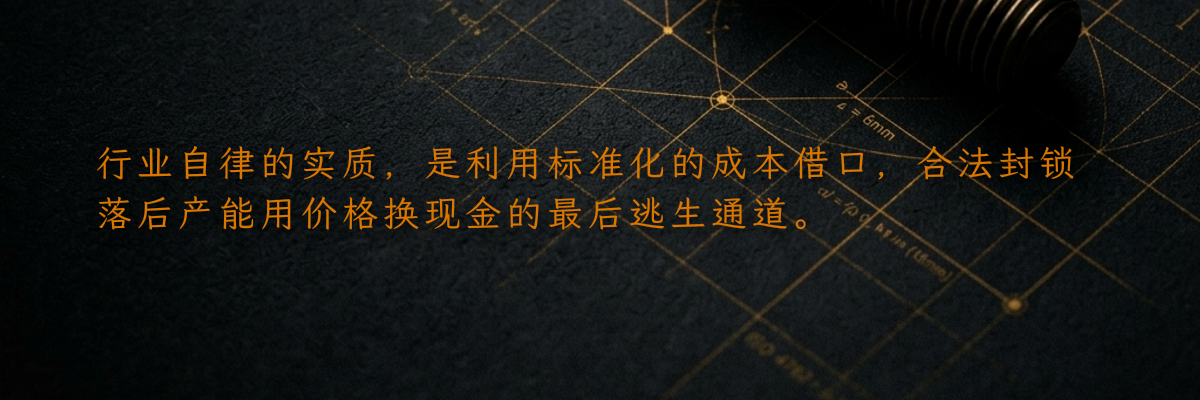 行业自律的实质,是利用标准化的成本借口,合法封锁落后产能用价格换现金的最后逃生通道。