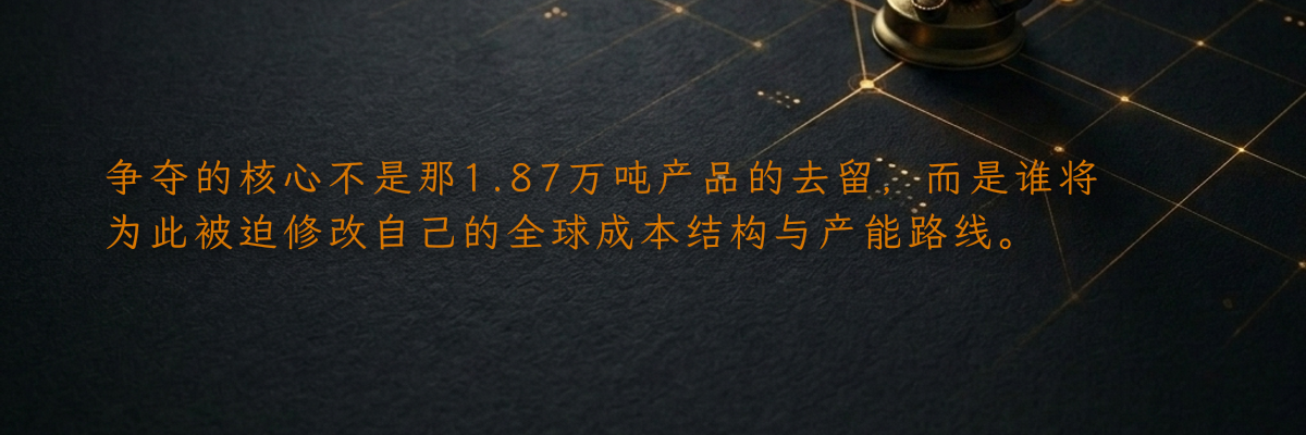 争夺的核心不是那1.87万吨产品的去留,而是谁将为此被迫修改自己的全球成本结构与产能路线。