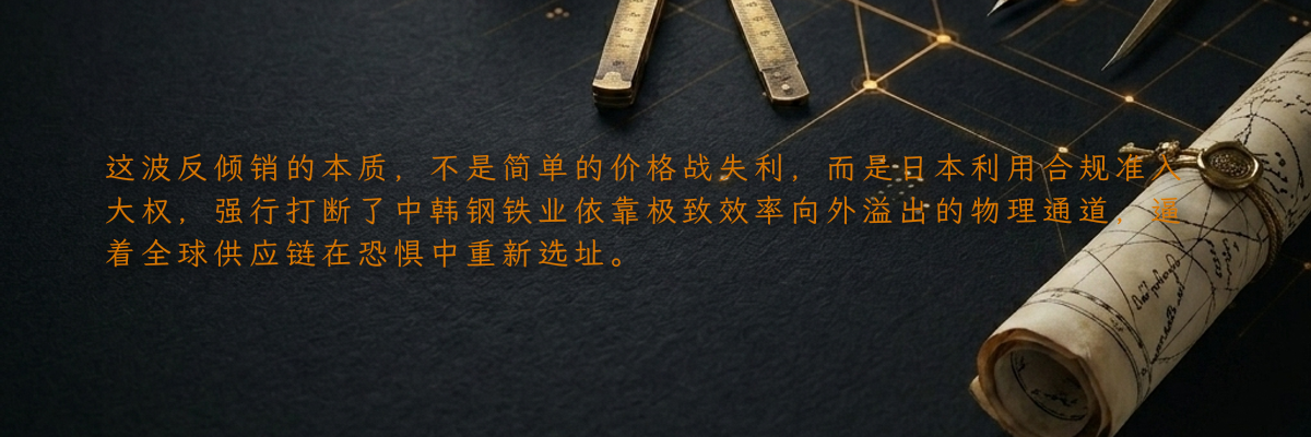 这波反倾销的本质,不是简单的价格战失利,而是日本利用合规准入大权,强行打断了中韩钢铁业依靠极致效率向外溢出的物理通道,逼着全球供应链在恐惧中重新选址。