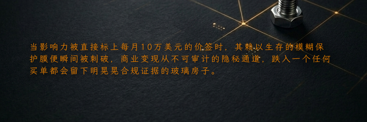当影响力被直接标上每月10万美元的价签时,其赖以生存的模糊保护膜便瞬间被刺破,商业变现从不可审计的隐秘通道,跌入一个任何买单都会留下明晃晃合规证据的玻璃房子。
