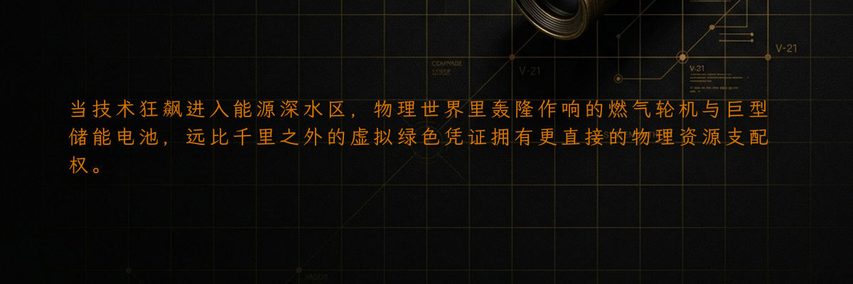 当技术狂飙进入能源深水区,物理世界里轰隆作响的燃气轮机与巨型储能电池,远比千里之外的虚拟绿色凭证拥有更直接的物理资源支配权。
