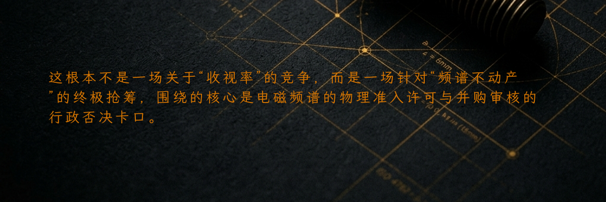 这根本不是一场关于“收视率”的竞争,而是一场针对“频谱不动产”的终极抢筹,围绕的核心是电磁频谱的物理准入许可与并购审核的行政否决卡口。