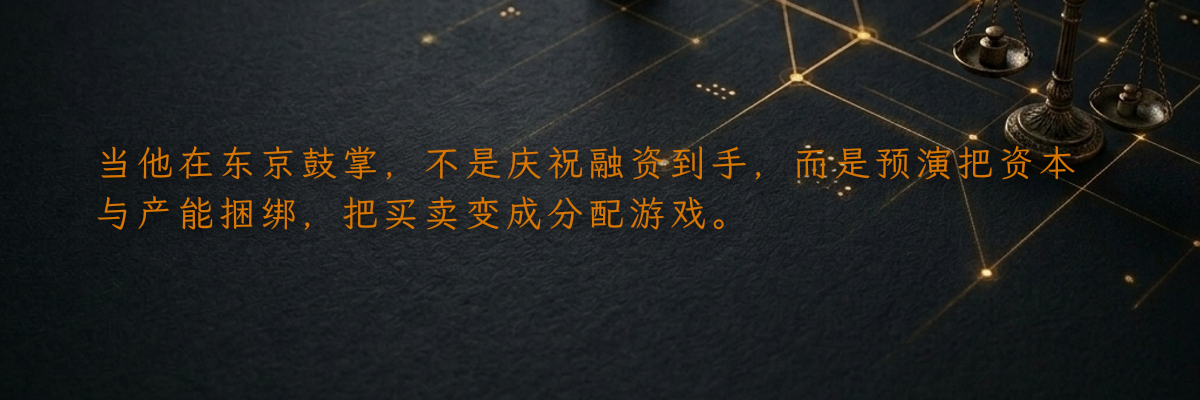 当他在东京鼓掌,不是庆祝融资到手,而是预演把资本与产能捆绑,把买卖变成分配游戏。