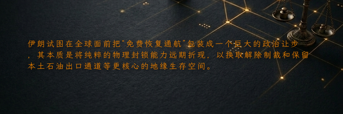 伊朗试图在全球面前把“免费恢复通航”包装成一个巨大的政治让步,其本质是将纯粹的物理封锁能力远期折现,以换取解除制裁和保留本土石油出口通道等更核心的地缘生存空间。