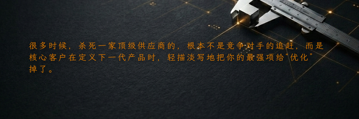 很多时候,杀死一家顶级供应商的,根本不是竞争对手的追赶,而是核心客户在定义下一代产品时,轻描淡写地把你的最强项给“优化”掉了。