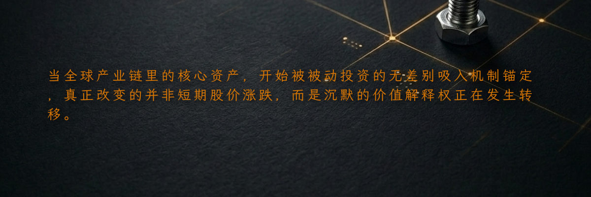 当全球产业链里的核心资产,开始被被动投资的无差别吸入机制锚定,真正改变的并非短期股价涨跌,而是沉默的价值解释权正在发生转移。