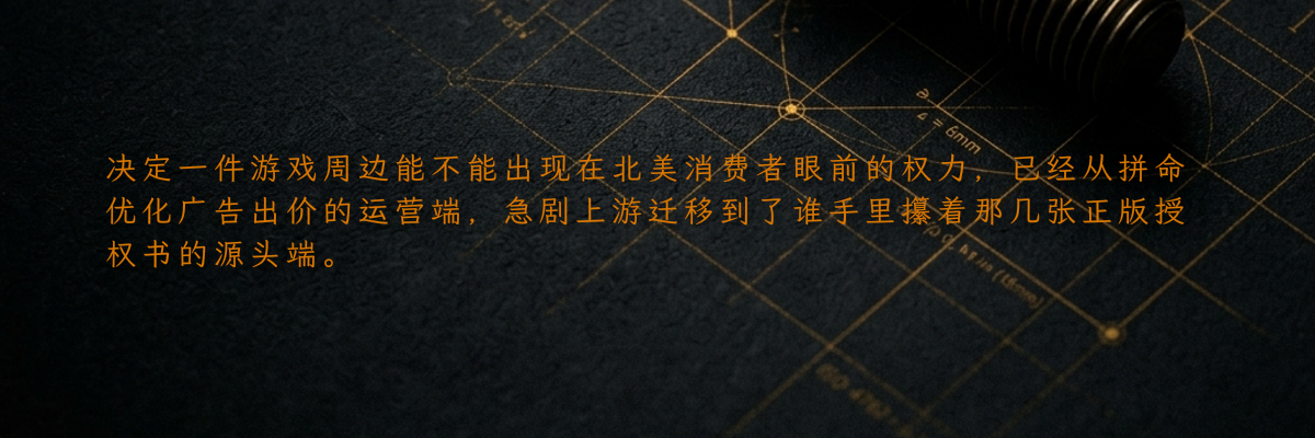 决定一件游戏周边能不能出现在北美消费者眼前的权力,已经从拼命优化广告出价的运营端,急剧上游迁移到了谁手里攥着那几张正版授权书的源头端。
