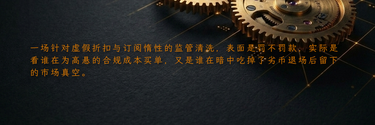 一场针对虚假折扣与订阅惰性的监管清洗,表面是罚不罚款,实际是看谁在为高悬的合规成本买单,又是谁在暗中吃掉了劣币退场后留下的市场真空。