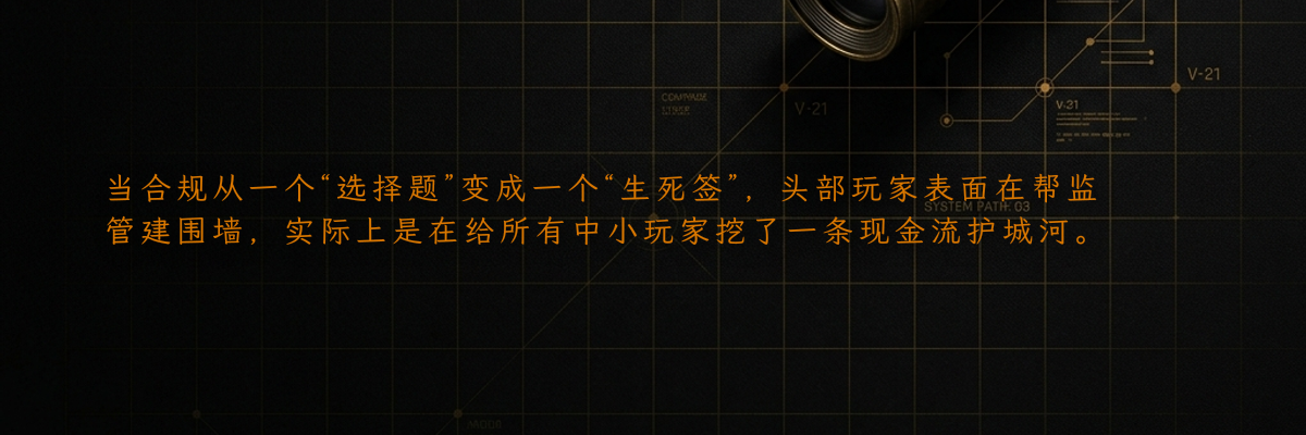 当合规从一个“选择题”变成一个“生死签”,头部玩家表面在帮监管建围墙,实际上是在给所有中小玩家挖了一条现金流护城河。