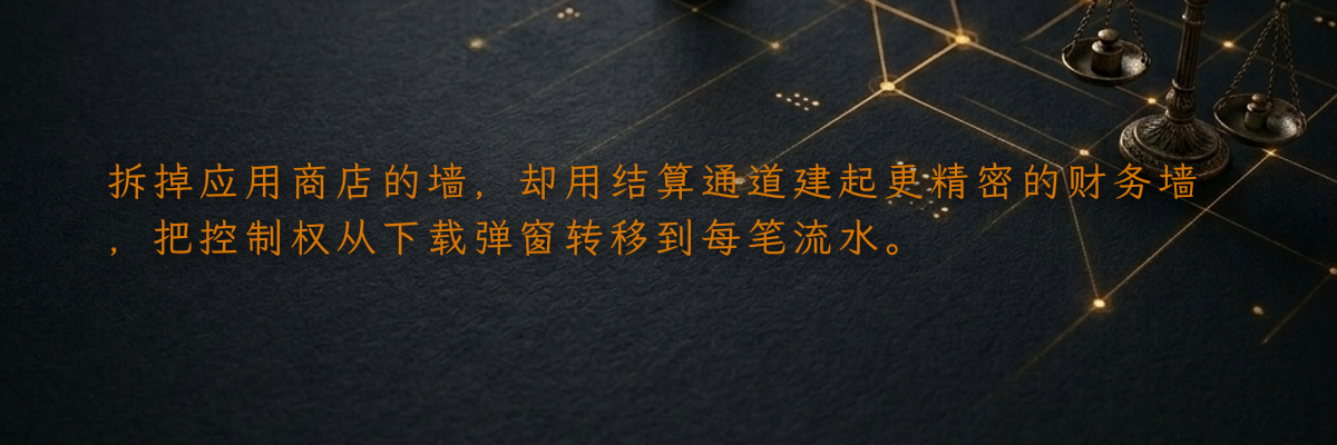 拆掉应用商店的墙,却用结算通道建起更精密的财务墙,把控制权从下载弹窗转移到每笔流水。