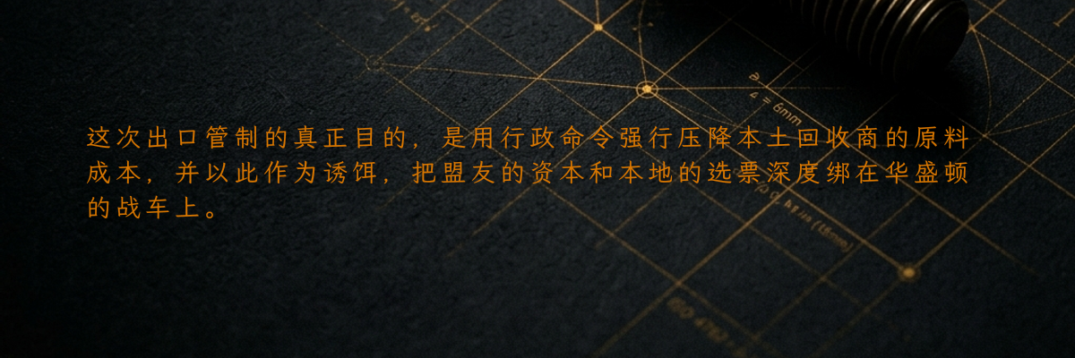 这次出口管制的真正目的,是用行政命令强行压降本土回收商的原料成本,并以此作为诱饵,把盟友的资本和本地的选票深度绑在华盛顿的战车上。