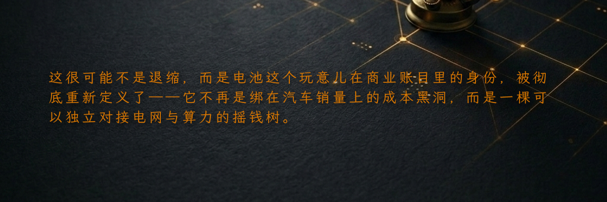 这很可能不是退缩,而是电池这个玩意儿在商业账目里的身份,被彻底重新定义了——它不再是绑在汽车销量上的成本黑洞,而是一棵可以独立对接电网与算力的摇钱树。