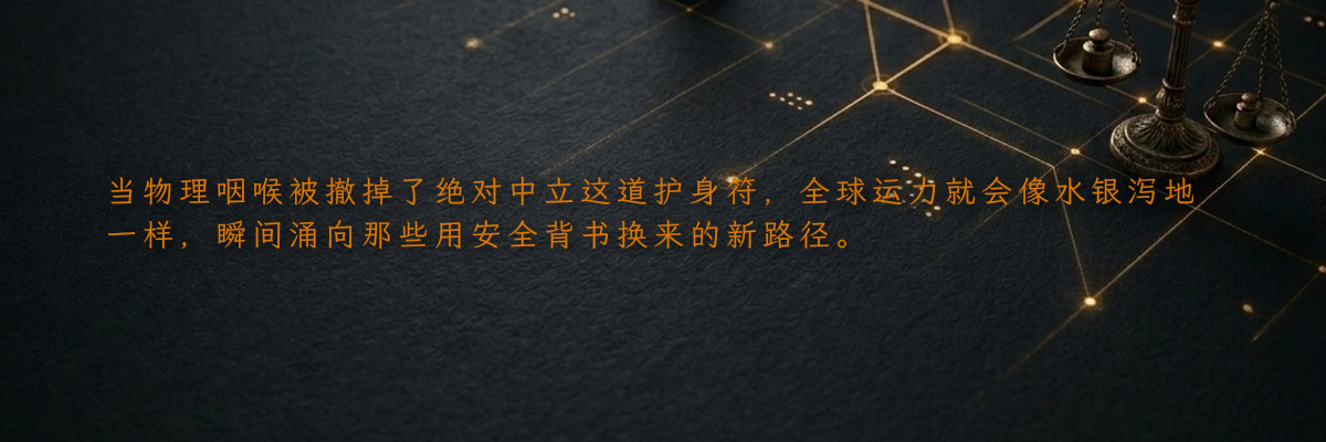 当物理咽喉被撤掉了绝对中立这道护身符,全球运力就会像水银泻地一样,瞬间涌向那些用安全背书换来的新路径。