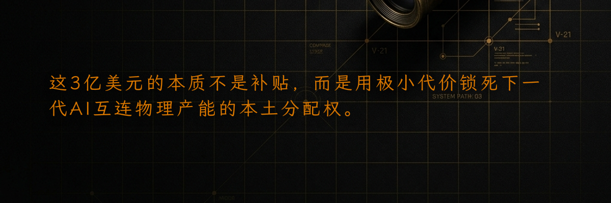 这3亿美元的本质不是补贴,而是用极小代价锁死下一代AI互连物理产能的本土分配权。