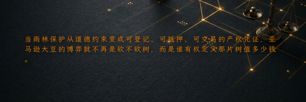 当雨林保护从道德约束变成可登记、可抵押、可交易的产权凭证,亚马逊大豆的博弈就不再是砍不砍树,而是谁有权定义那片树值多少钱。