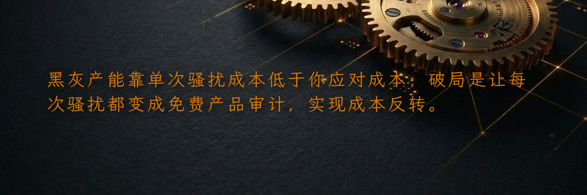 黑灰产能靠单次骚扰成本低于你应对成本;破局是让每次骚扰都变成免费产品审计,实现成本反转。