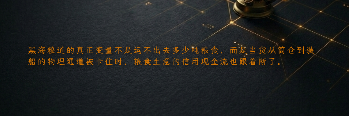 黑海粮道的真正变量不是运不出去多少吨粮食,而是当货从筒仓到装船的物理通道被卡住时,粮食生意的信用现金流也跟着断了。