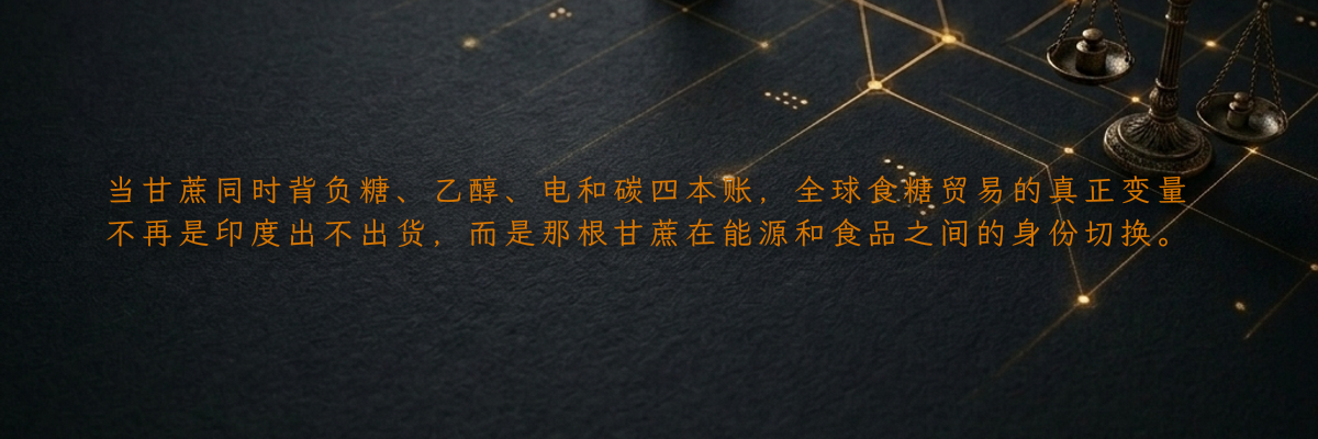 当甘蔗同时背负糖、乙醇、电和碳四本账,全球食糖贸易的真正变量不再是印度出不出货,而是那根甘蔗在能源和食品之间的身份切换。
