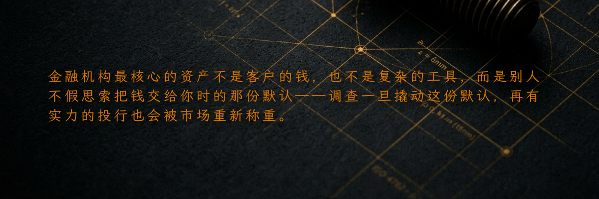 金融机构最核心的资产不是客户的钱,也不是复杂的工具,而是别人不假思索把钱交给你时的那份默认——调查一旦撬动这份默认,再有实力的投行也会被市场重新称重。