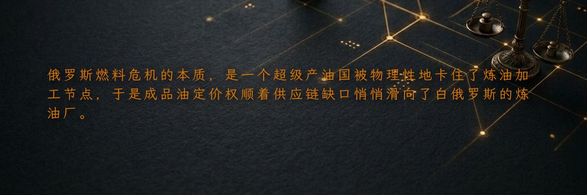 俄罗斯燃料危机的本质,是一个超级产油国被物理性地卡住了炼油加工节点,于是成品油定价权顺着供应链缺口悄悄滑向了白俄罗斯的炼油厂。