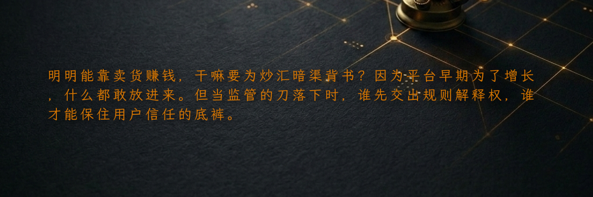 明明能靠卖货赚钱,干嘛要为炒汇暗渠背书?因为平台早期为了增长,什么都敢放进来。但当监管的刀落下时,谁先交出规则解释权,谁才能保住用户信任的底裤。
